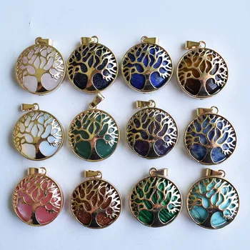 Продажба на едро, 12 бр. /лот, модни медальони от сплав на дървото на живота с естествен камък на смесени златен цвят за бижута и аксесоари, безплатна маркировка