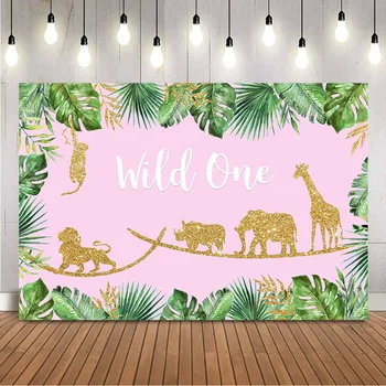 Wild One Safari Birthday Background Златна Блестящ Фон с Животни, за да снимам на фото студио подпори за фотосесия в джунглата