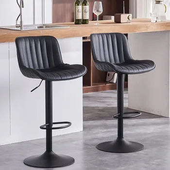 Черни бар столове YOUNIKE от изкуствена кожа, комплект от 2 продуктова столове с въртяща се облегалка, Регулируема височина на шкафовете